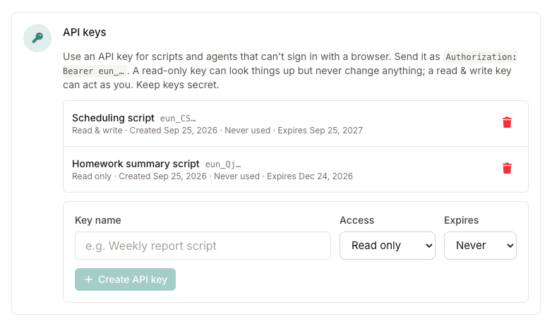 API keys section listing a read-only key and a read & write key, with the form to create a key