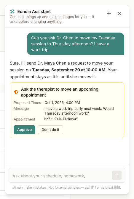 Assistant approval card asking to send a reschedule request, with Approve and Don’t do it buttons