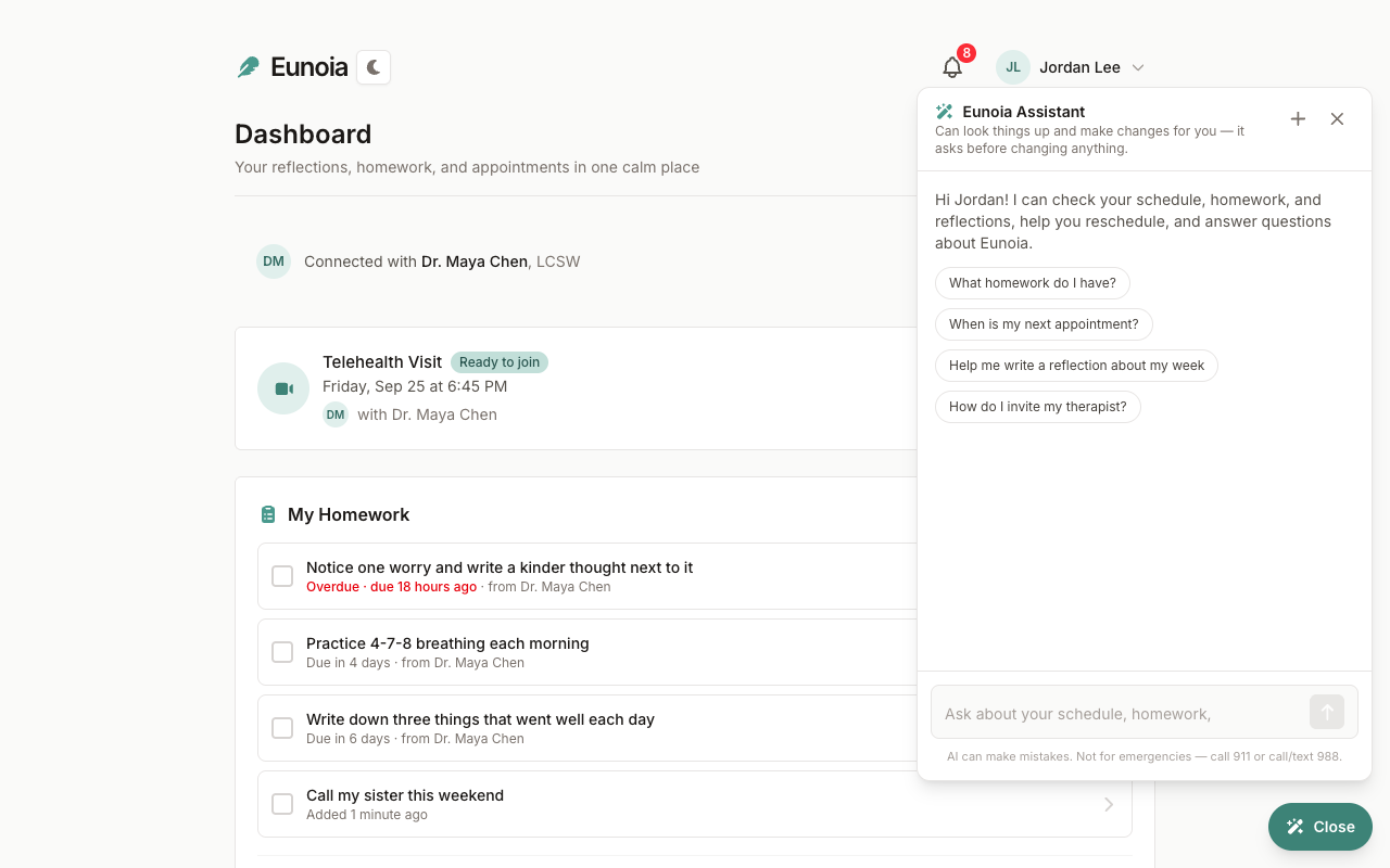 The Ask Eunoia assistant panel open over the patient dashboard with suggested questions