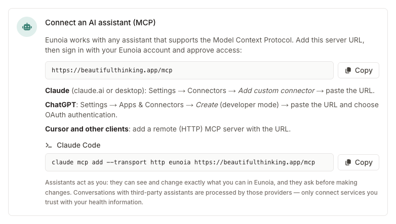 Developer & AI settings with the MCP server URL and steps for Claude, ChatGPT, and Claude Code