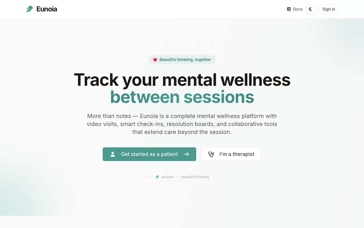Eunoia home page with buttons to get started as a patient or as a therapist
