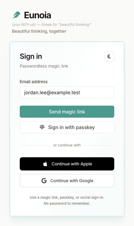 Sign-in form with an email field, a Send magic link button, and social sign-in options