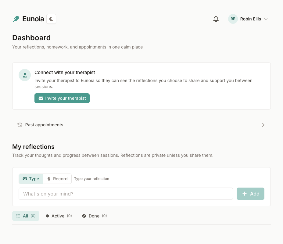 A new patient dashboard with a card inviting you to connect with your therapist