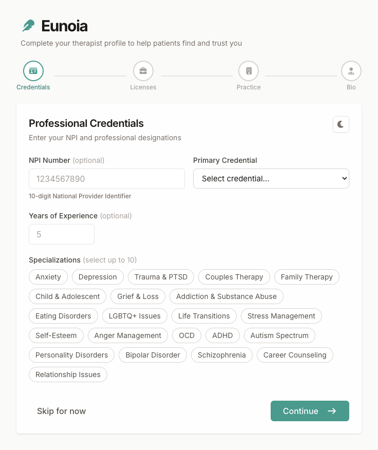 Therapist profile setup showing the Credentials step and a four-step progress bar