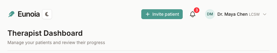 Top of the therapist dashboard with the Invite patient button at the top right