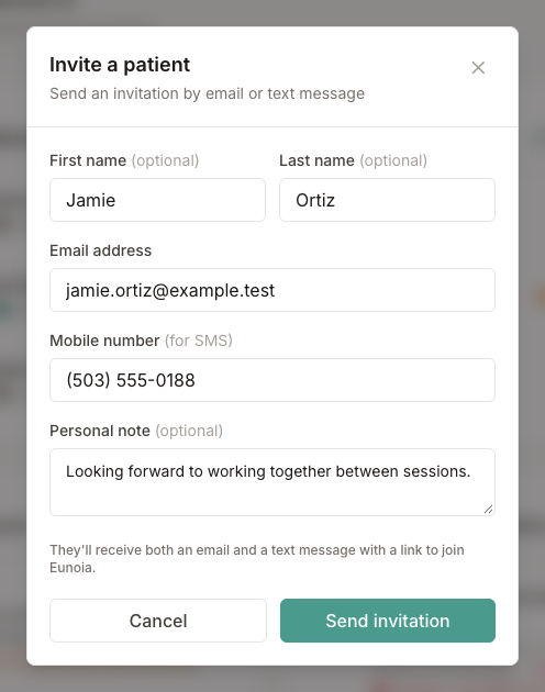 Invite a patient dialog with name, email, mobile number, and a personal note filled in