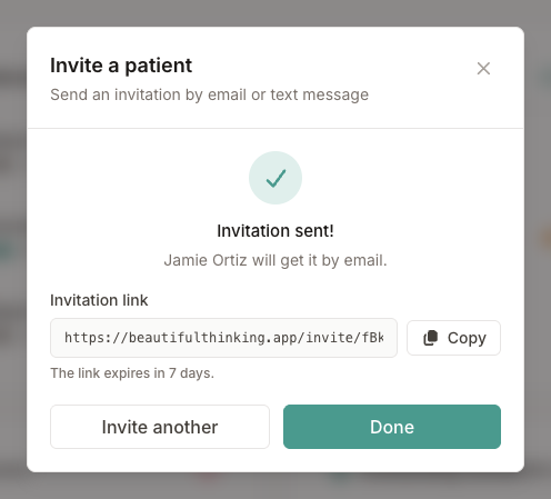 Invitation sent confirmation with the invitation link and a Copy button