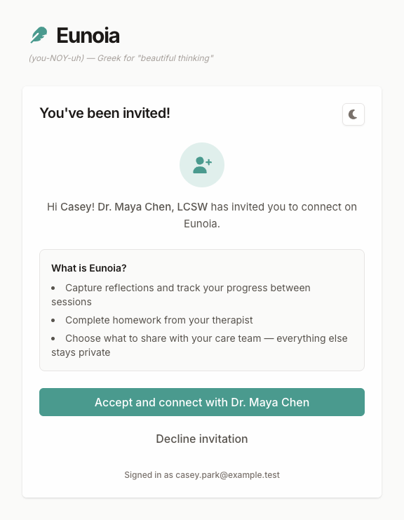 Invitation page with Accept and connect and Decline invitation buttons