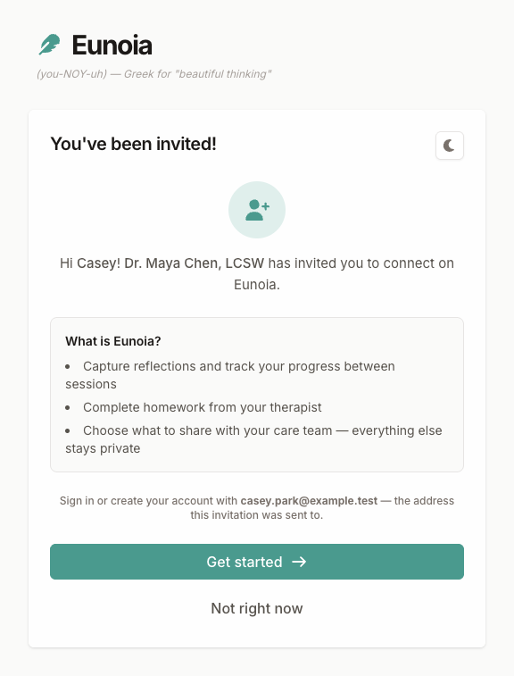 Invitation page greeting the patient by name and naming the therapist who invited them