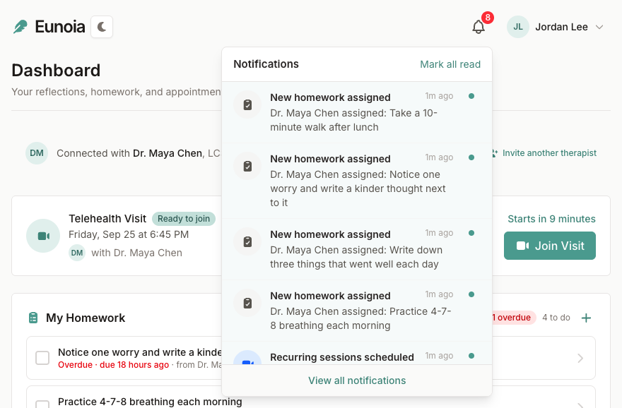 Notification bell dropdown listing recent notifications with a Mark all read button