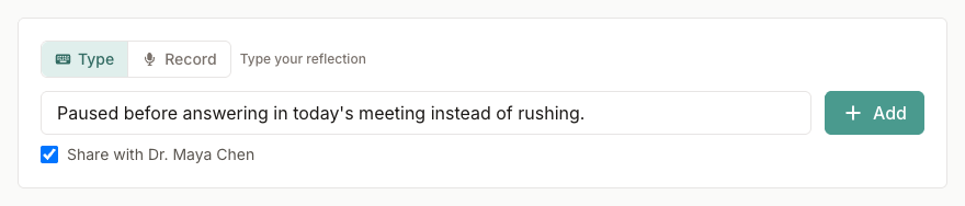 Reflection composer with Type and Record options, a text field, and a share checkbox
