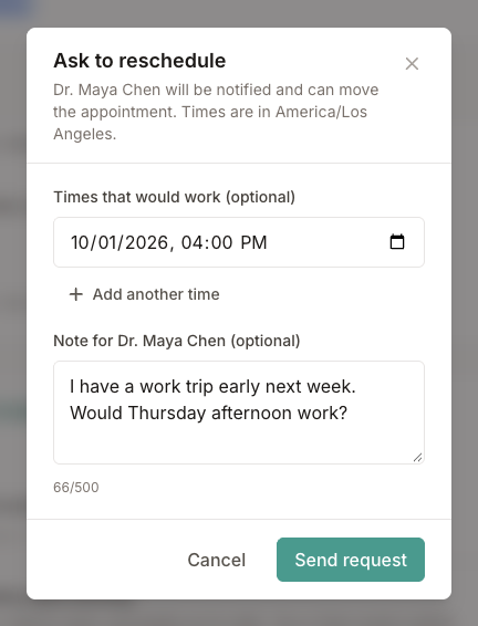 Ask to reschedule dialog with a proposed time and a note for the therapist
