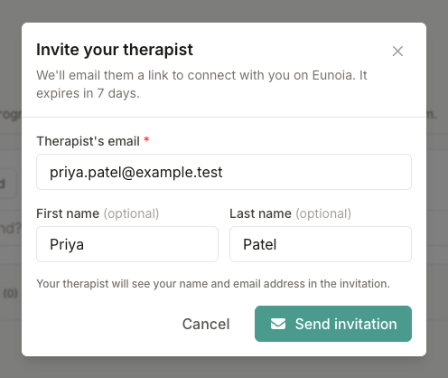Invite your therapist dialog with the therapist’s email and name