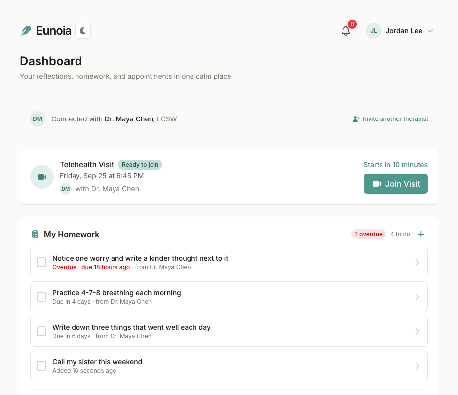 Patient dashboard with the connected therapist, the next video visit, and homework