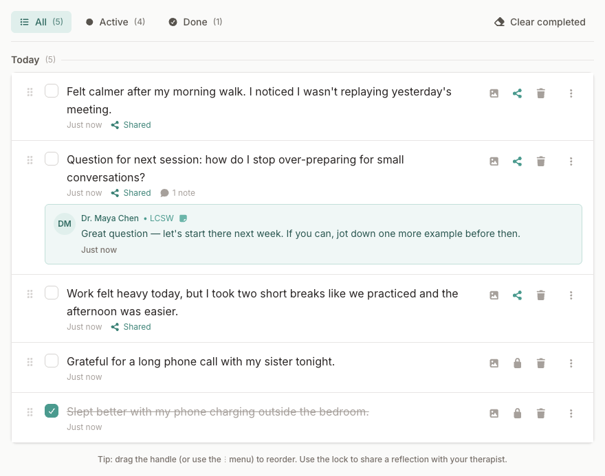 Reflection list with All, Active, and Done filters and reflections grouped under Today