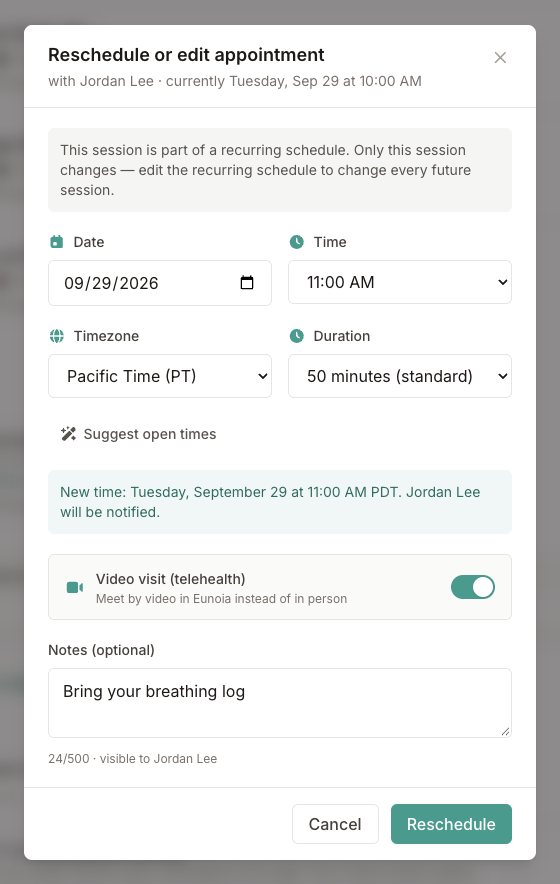 Reschedule or edit appointment dialog with date, time, time zone, and duration