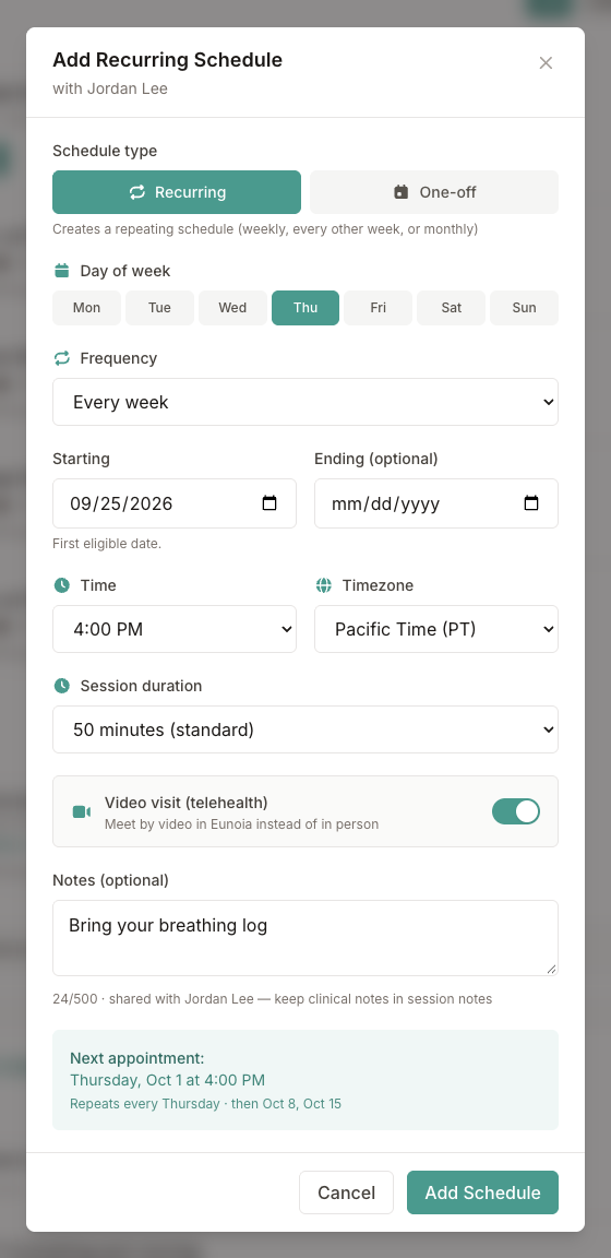 Add Recurring Schedule form with day, frequency, time, time zone, duration, and a preview
