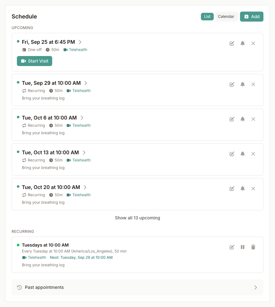 Schedule section of a patient chart with upcoming appointments and a recurring schedule