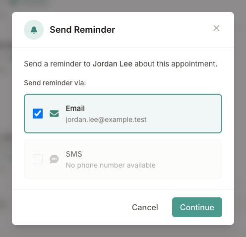 Send Reminder dialog with email and SMS options for the patient