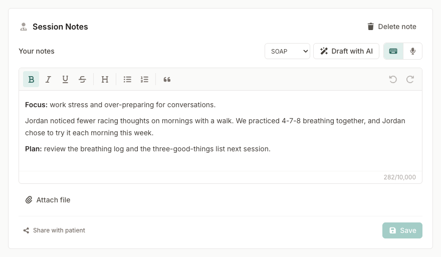 Session Notes card with a formatted note, a Draft with AI button, and sharing options