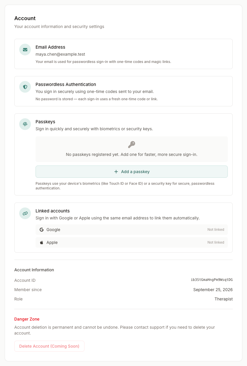 Account settings with the email address, passkeys, and linked Google and Apple accounts