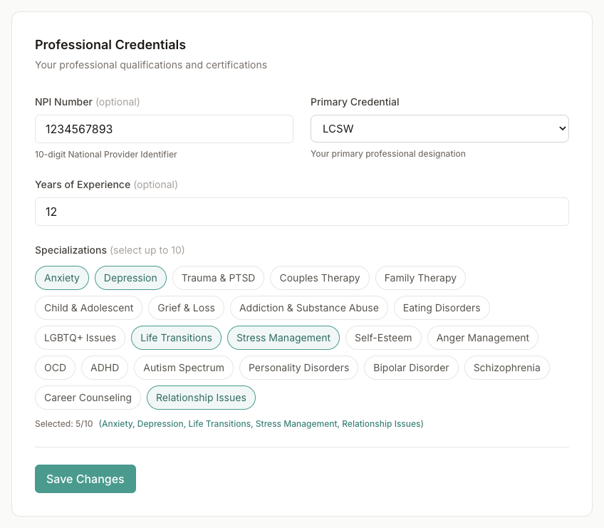 Professional credentials form with NPI, primary credential, experience, and specializations