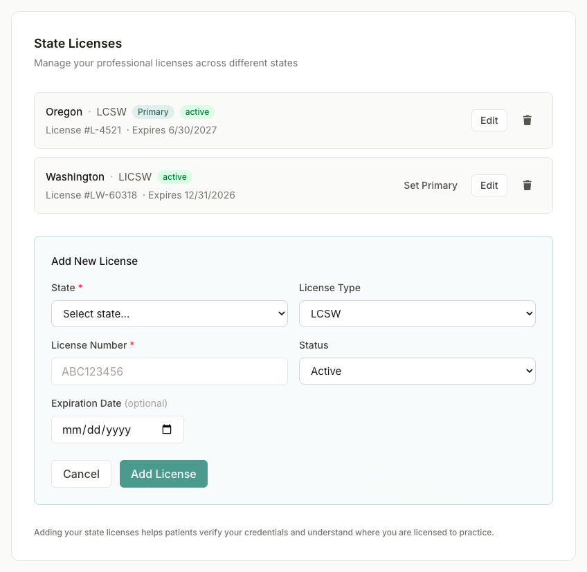 State licenses list with a primary license and the form to add a new license