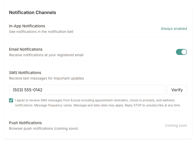 Notification channels with an email toggle and a mobile number field with a consent checkbox