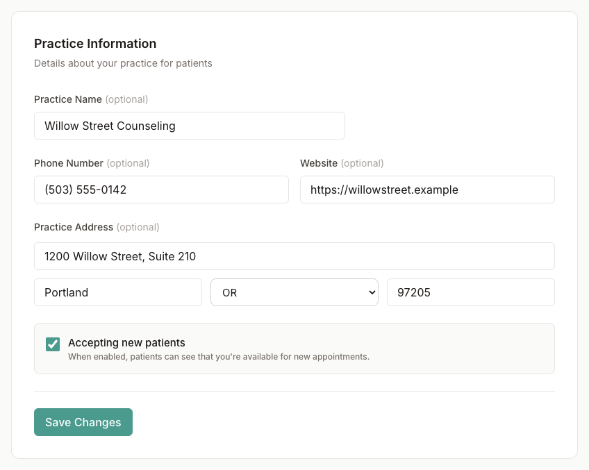 Practice information form with name, phone, website, address, and accepting new patients