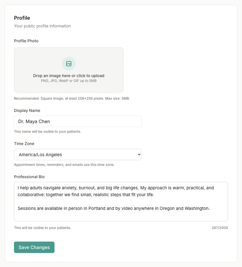 Profile settings with profile photo upload, display name, time zone, and professional bio