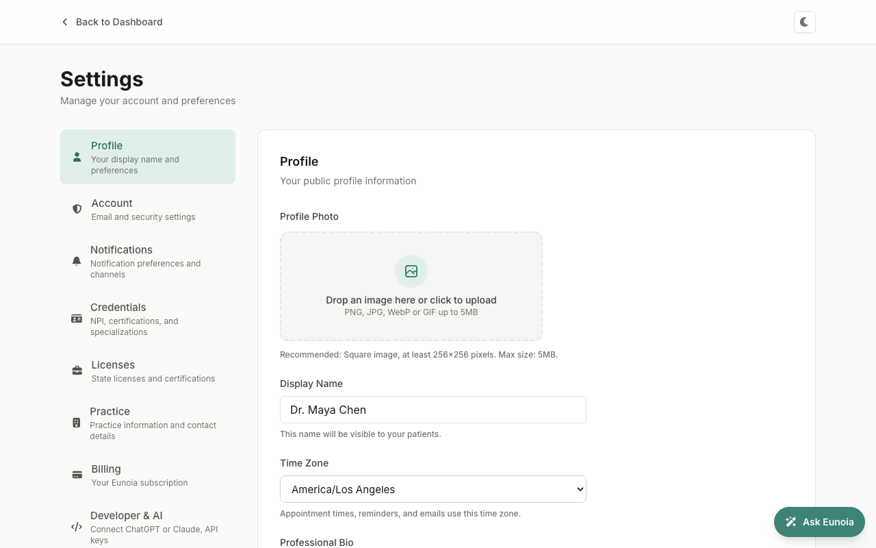 Settings page with the list of sections on the left and the Profile section open
