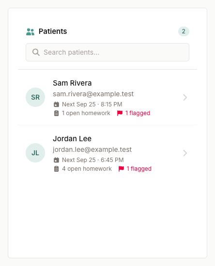 Patients card with a search box and each patient’s next appointment and open homework