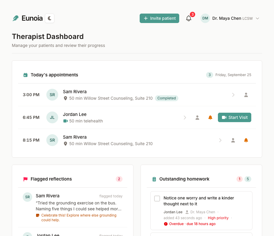 Therapist dashboard with today's appointments, flagged reflections, and outstanding homework