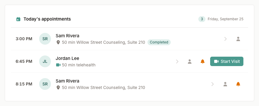 Today's appointments card listing sessions with times, patients, and a Start Visit button