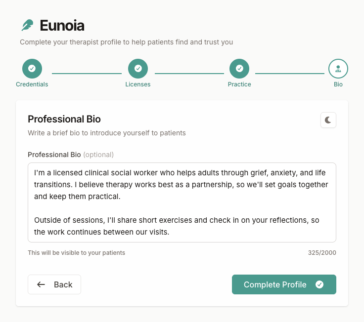 Professional bio step with a short introduction written in the first person