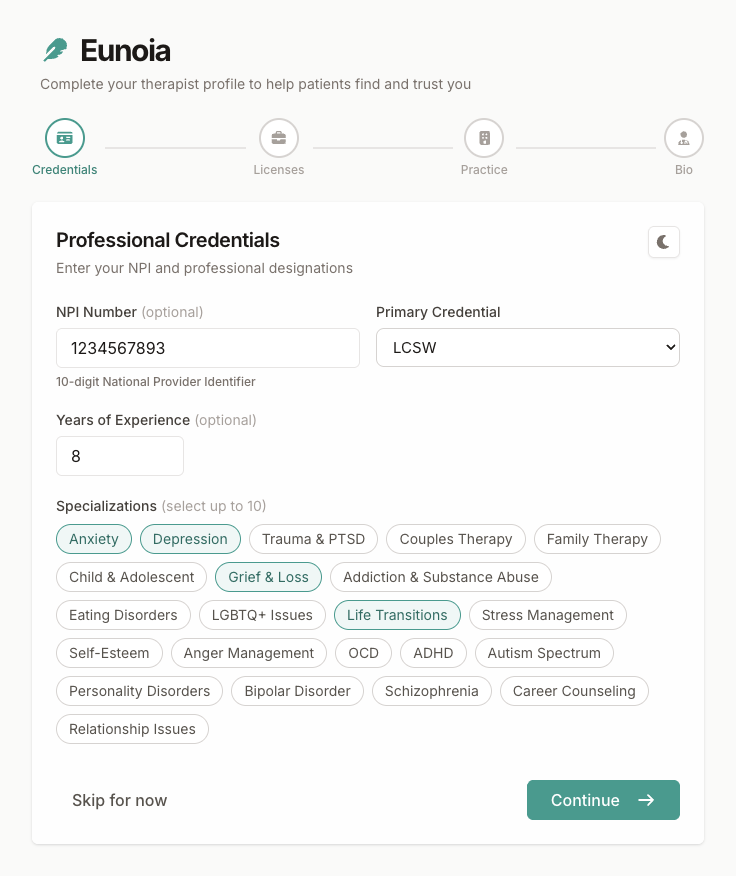 Credentials step with NPI number, primary credential, years of experience, and specializations