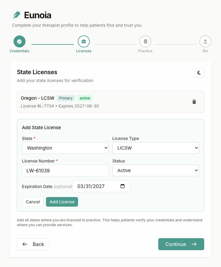 Licenses step with one license added and the form for adding another
