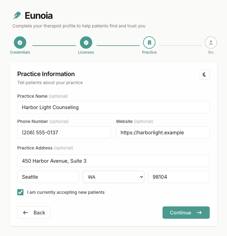 Practice step with practice name, phone, website, address, and accepting new patients
