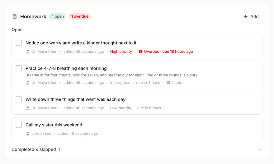 Homework section in the patient chart with open, overdue, and completed items