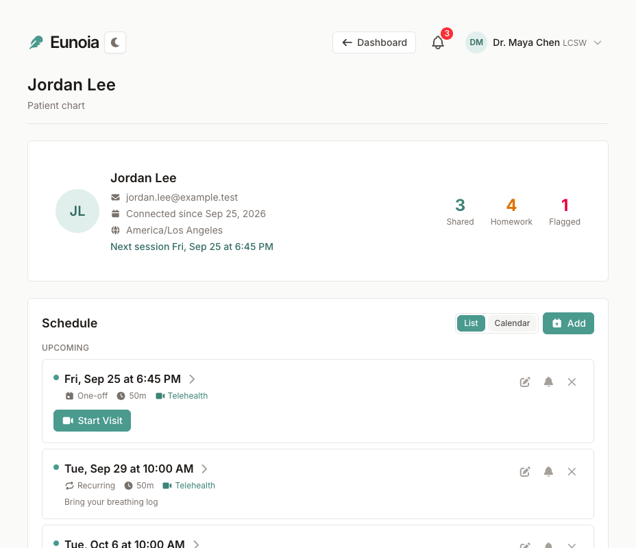 Patient chart with contact details, next session, counts, and the schedule