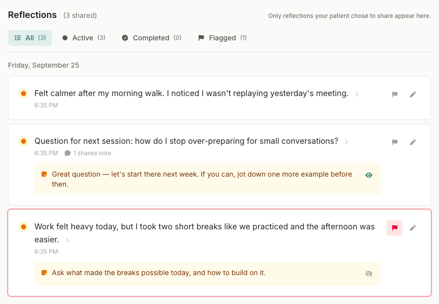 Shared reflections with filters, one flagged reflection, and the therapist’s note